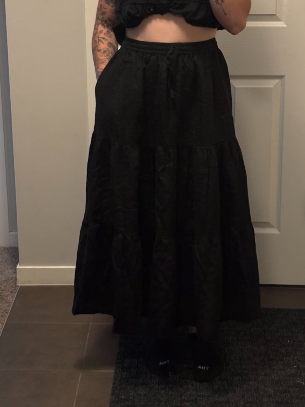 100% Linen Tiered Maxi Skirt with Drawstring Waist (Black)